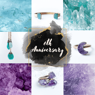 Amethyst and silver statement necklaces with raw amethyst pendants, gemstone rings with rose gold and sterling silver bands, turquoise and sterling silver bangles and statement rings.