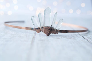 Collection of handmade gemstone crowns and hair pins with quartz, druzy and other crystals