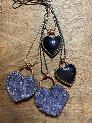 Amethyst Druzy Heart or Rainbow Obsidian Heart Necklace