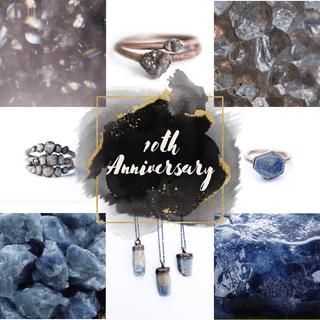 Raw diamond and blue sapphire gemstones set in sterling silver and 14k gold jewelry