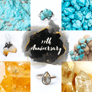 Raw turquoise gemstones, citrine crystals, and sterling silver jewelry featured in Hawkhouse's 11th anniversary gemstone collection.