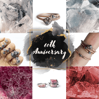 Beautiful raw crystal gemstone jewelry—featuring rainbow moonstone, labradorite, rose quartz, and sterling silver—highlighting the celestial anniversary theme.