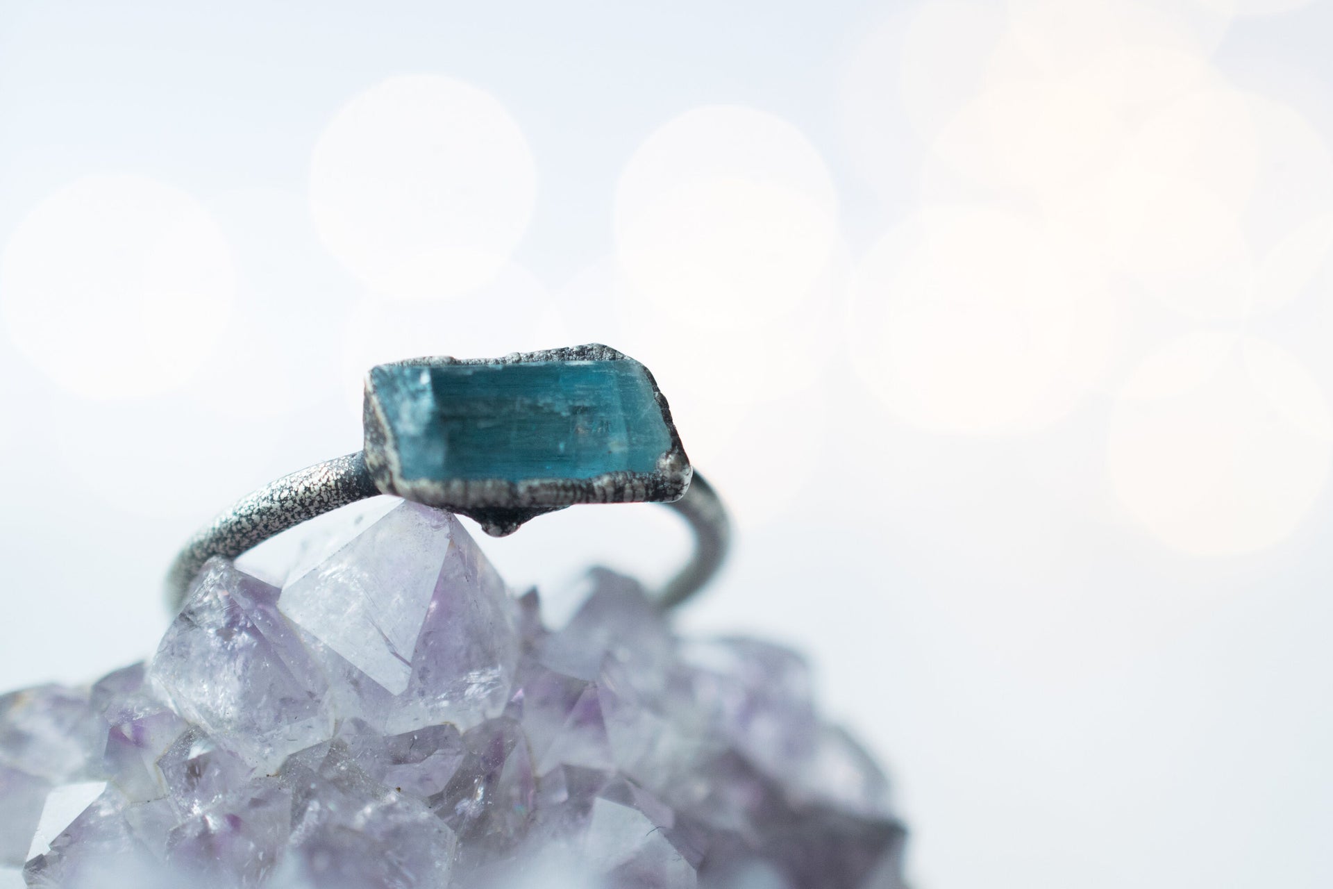 Oxidized Silver Aquamarine crystal ring | Raw aquamarine ring