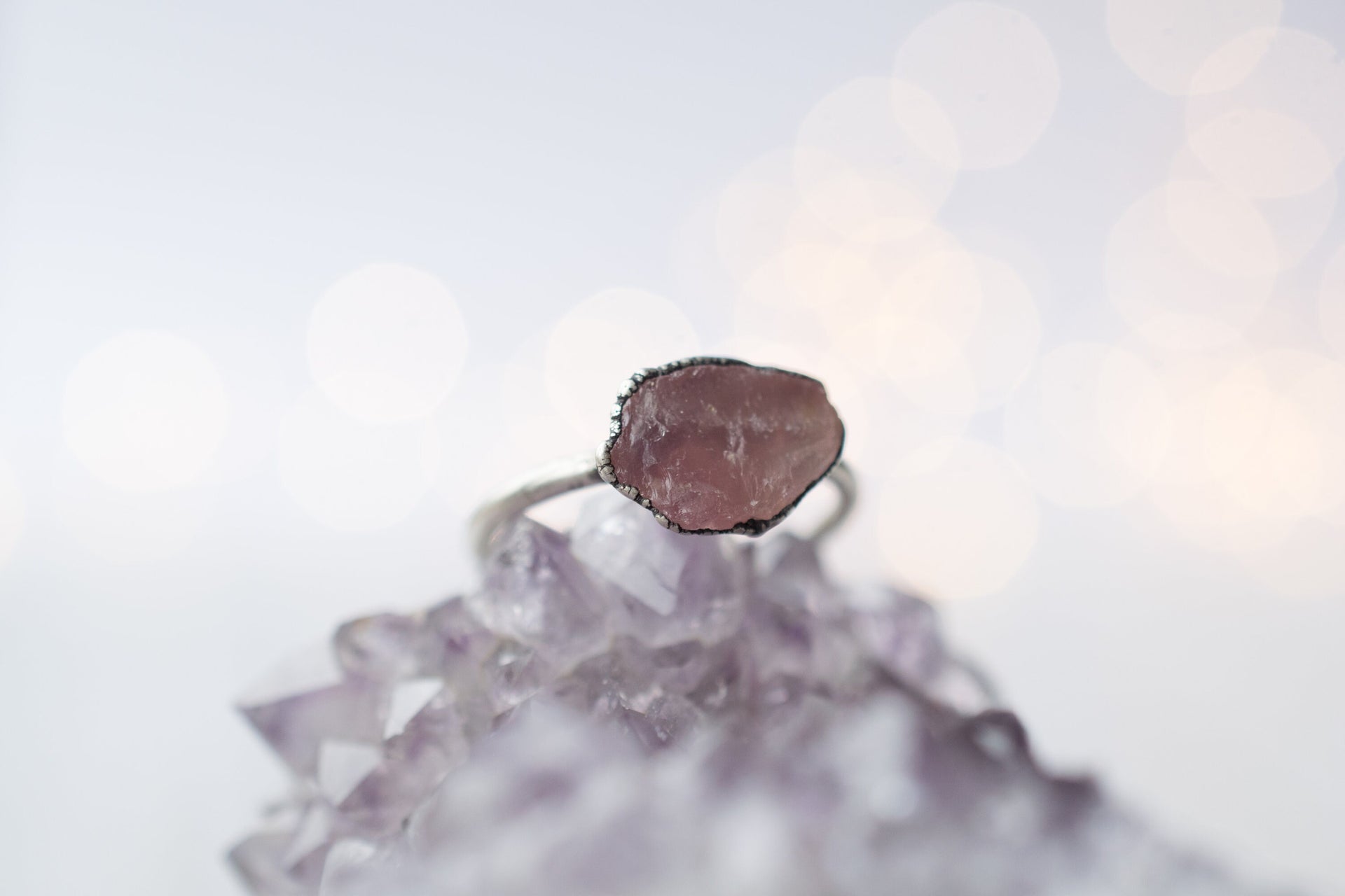 Oxidized Silver Rose Quartz ring | Simple stone stacking ring