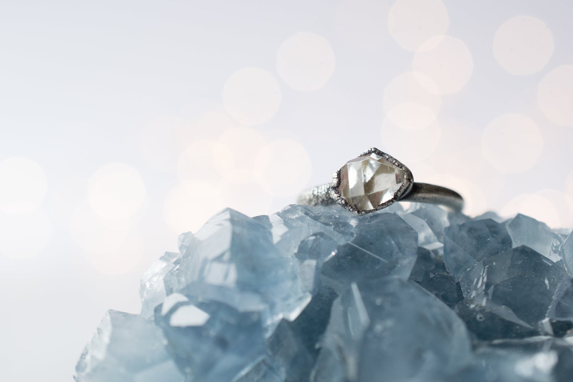 Oxidized silver raw crystal ring | Herkimer diamond ring
