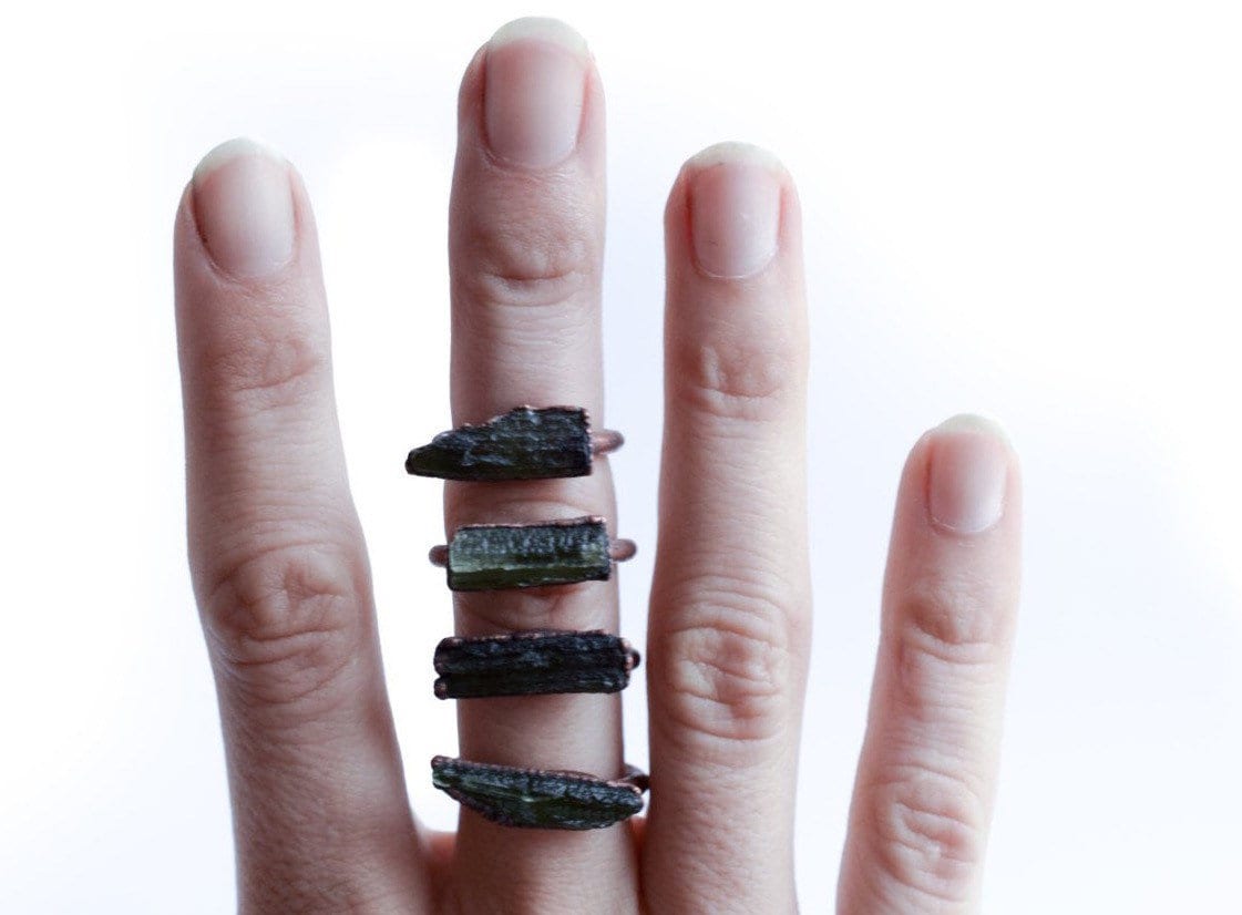 Rectangular Moldavite ring | Genuine moldavite ring
