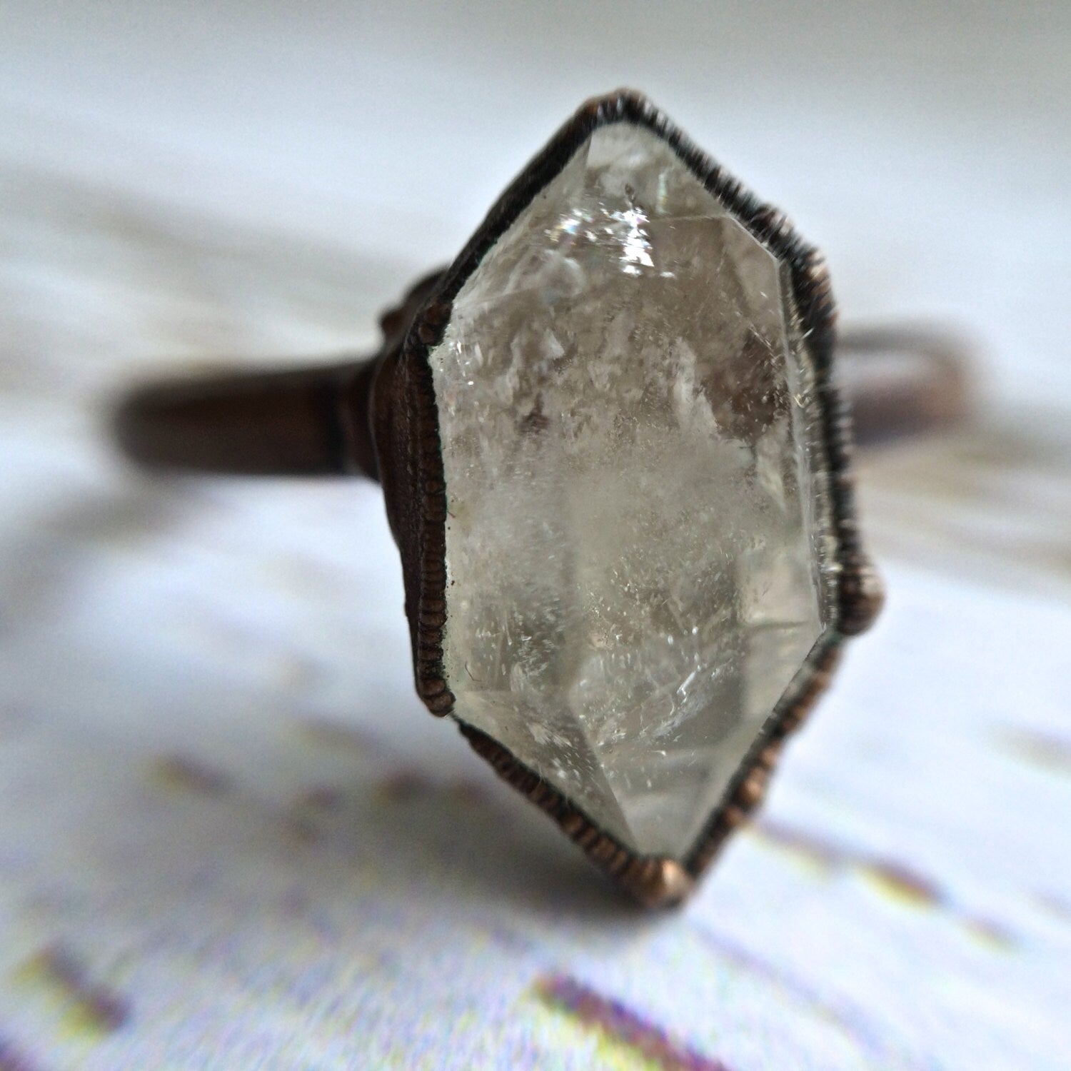 Raw crystal ring | anthraxolite quartz diamond ring